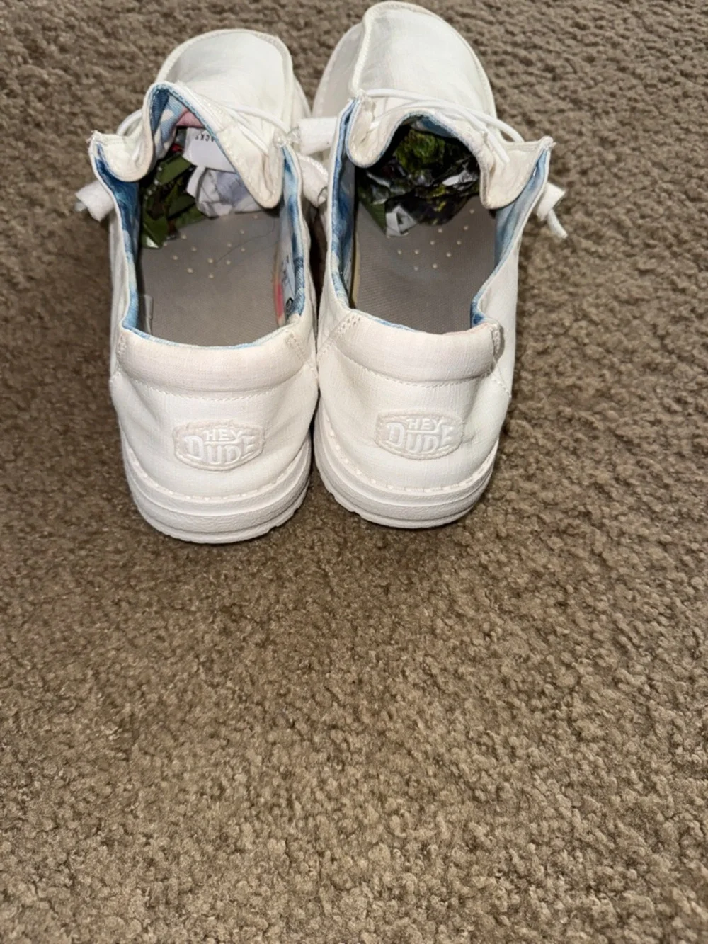 Hey Dude Women’s White Slip-On Sneakers with Blue Inner Pattern - Picture 11 of 13